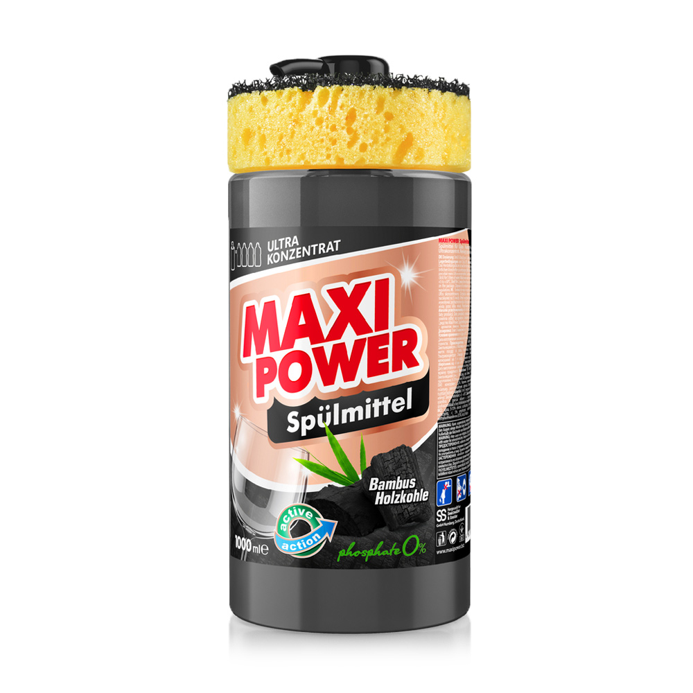 Засіб для миття посуду Maxi Power Чорне вугілля, з мочалкою, 1 л
