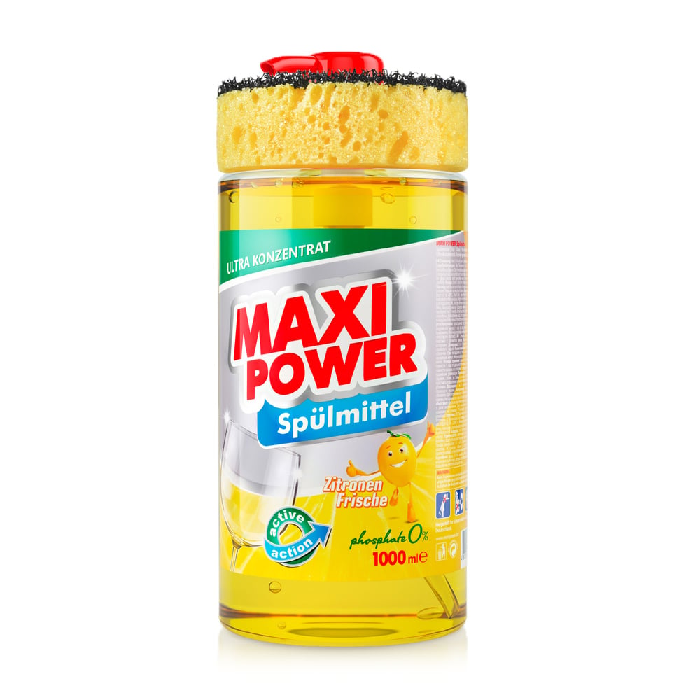 Засіб для миття посуду Maxi Power Лимон, з мочалкою, 1 л