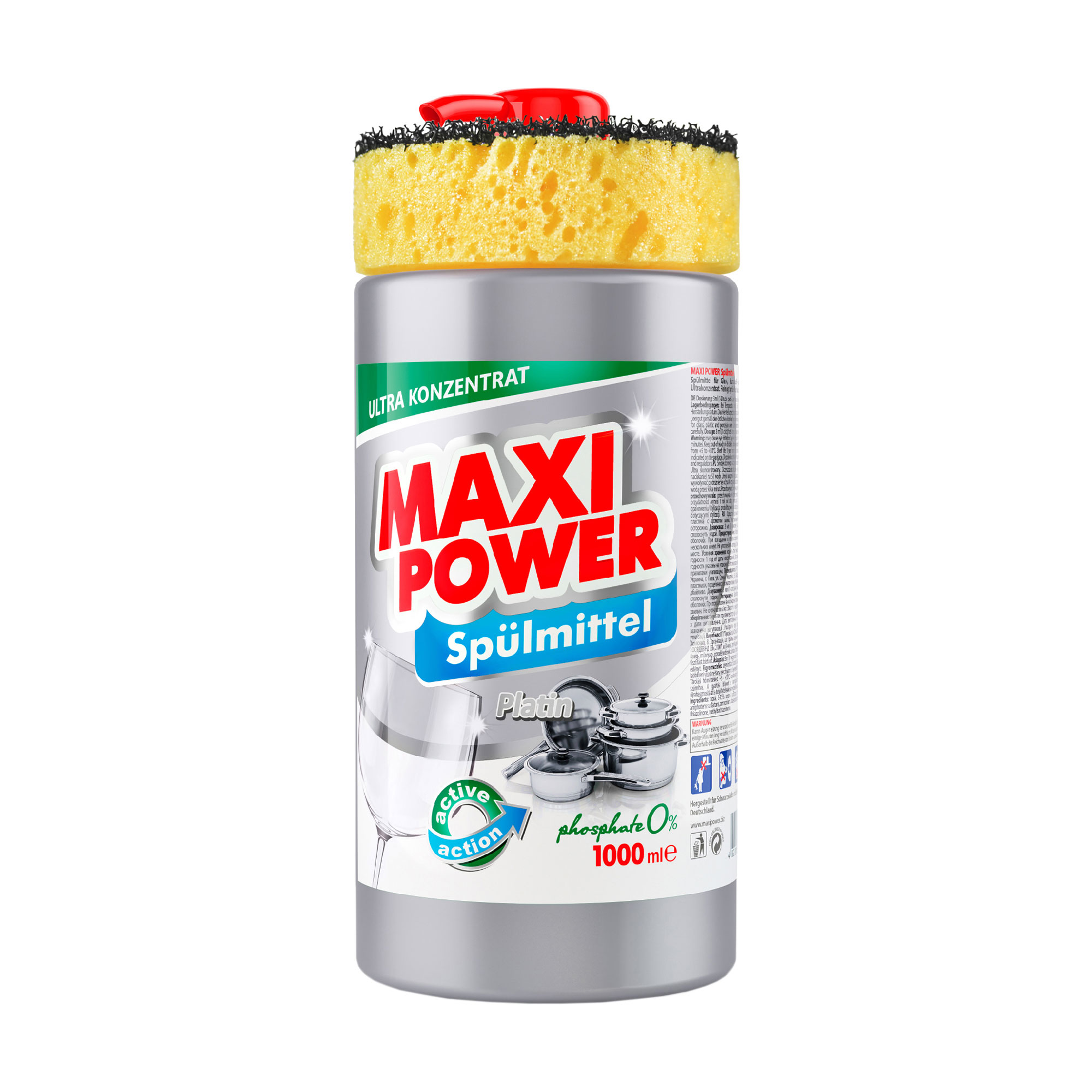 Засіб для миття посуду Maxi Power Платинум, з мочалкою, 1 л